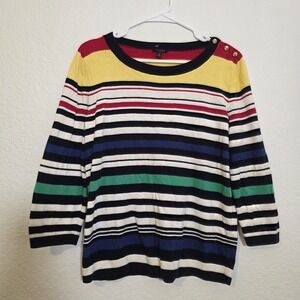 Talbots Colorful Striped Sweater Sz XL Knit Crew Neck 3/4 Sleeve w gold buttons
